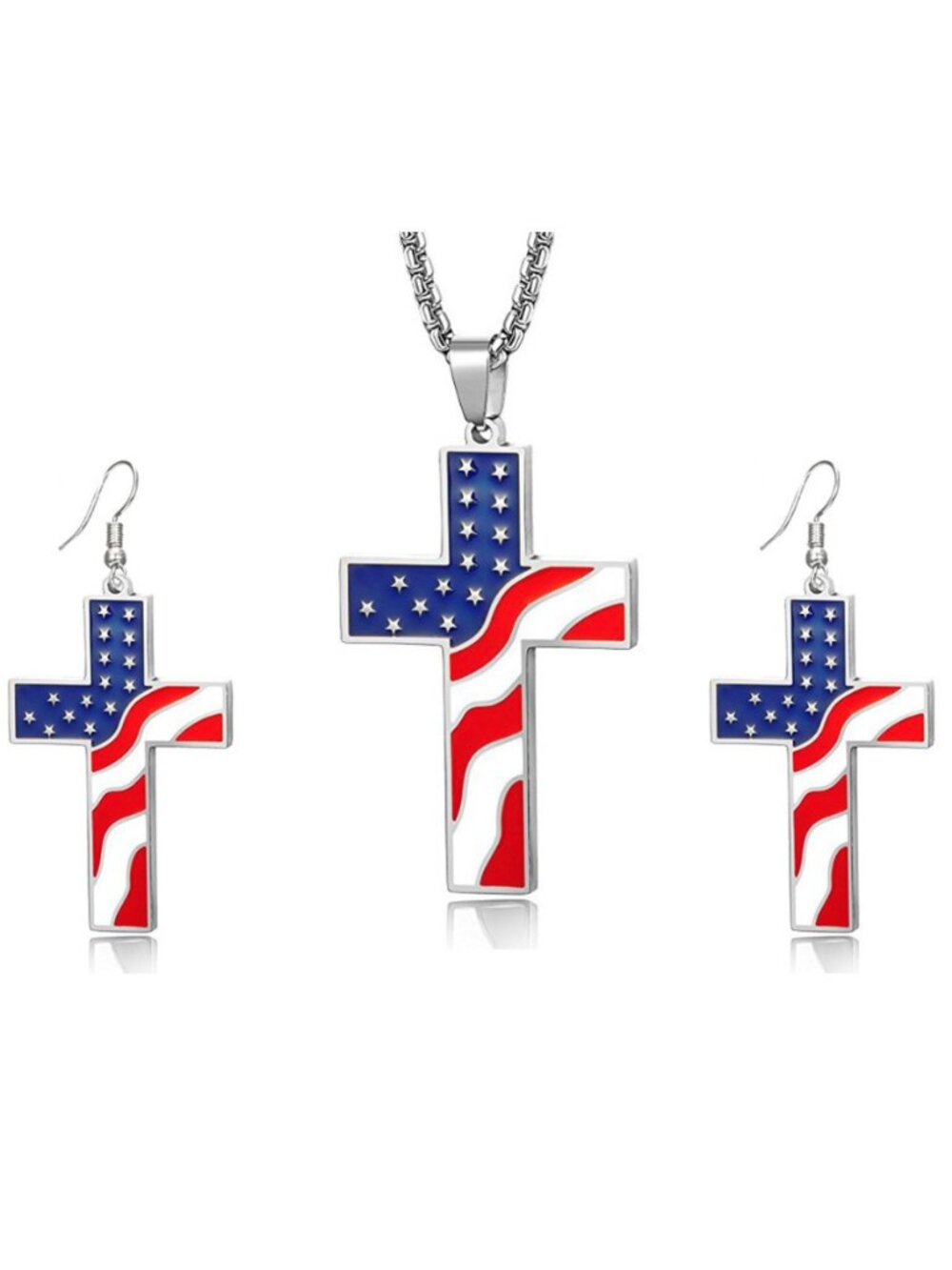 Silver American Flag Cross Necklace Earrings Set Patriotic Christian USA Jewelry